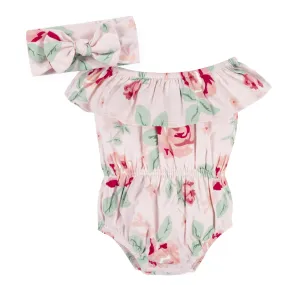 2-Piece Baby Girls Pink Garden Wide Neck Sunsuit Romper & Headband Set