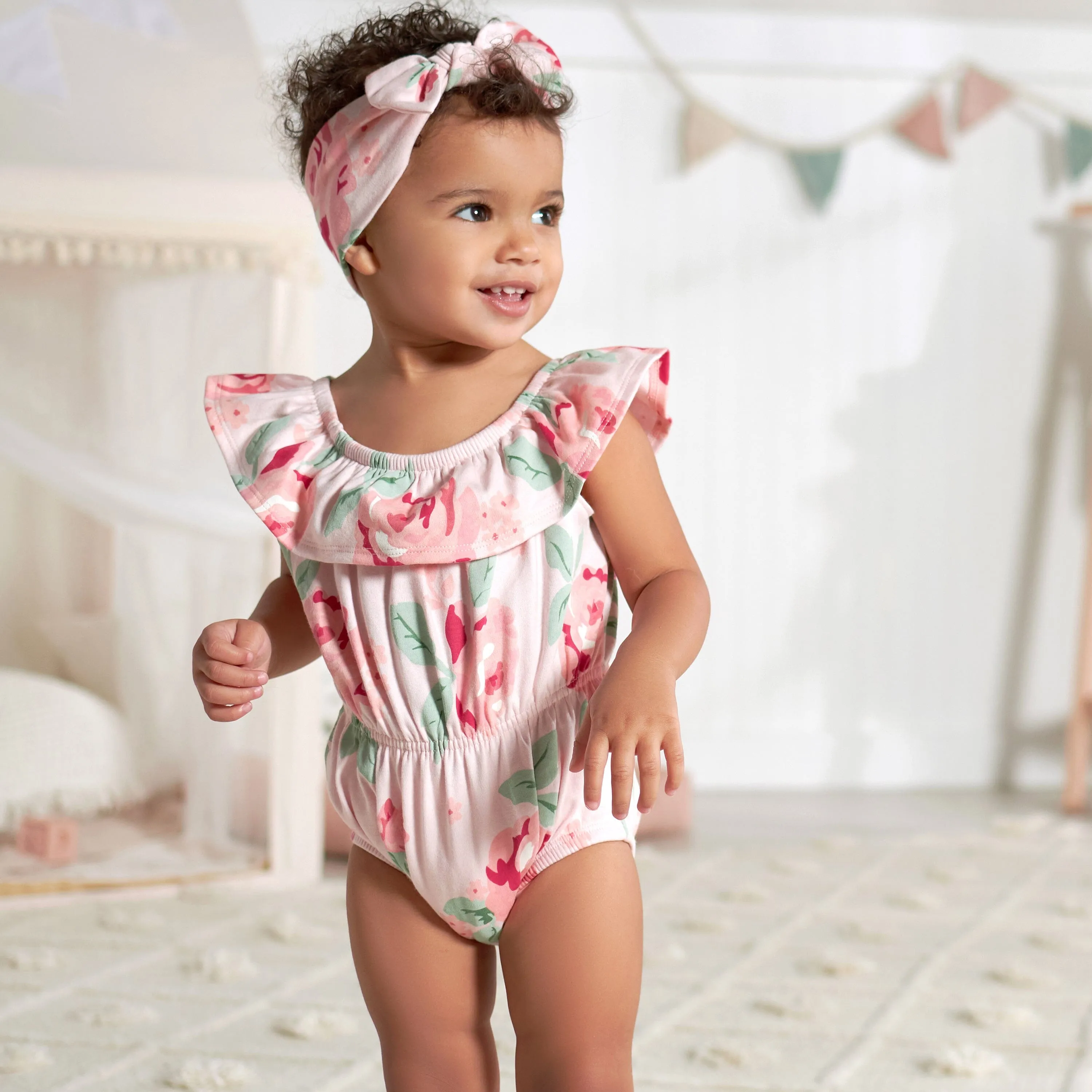 2-Piece Baby Girls Pink Garden Wide Neck Sunsuit Romper & Headband Set