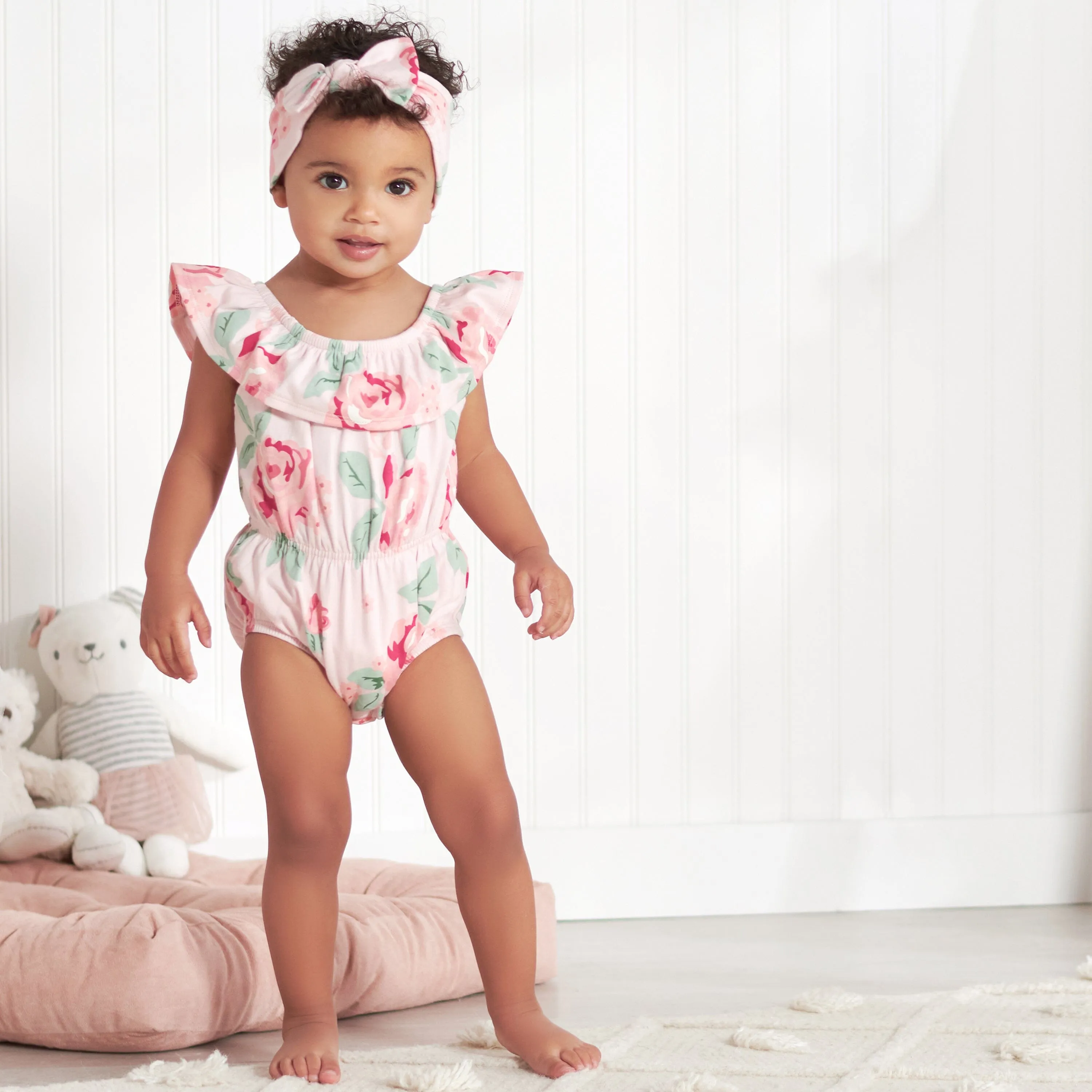 2-Piece Baby Girls Pink Garden Wide Neck Sunsuit Romper & Headband Set