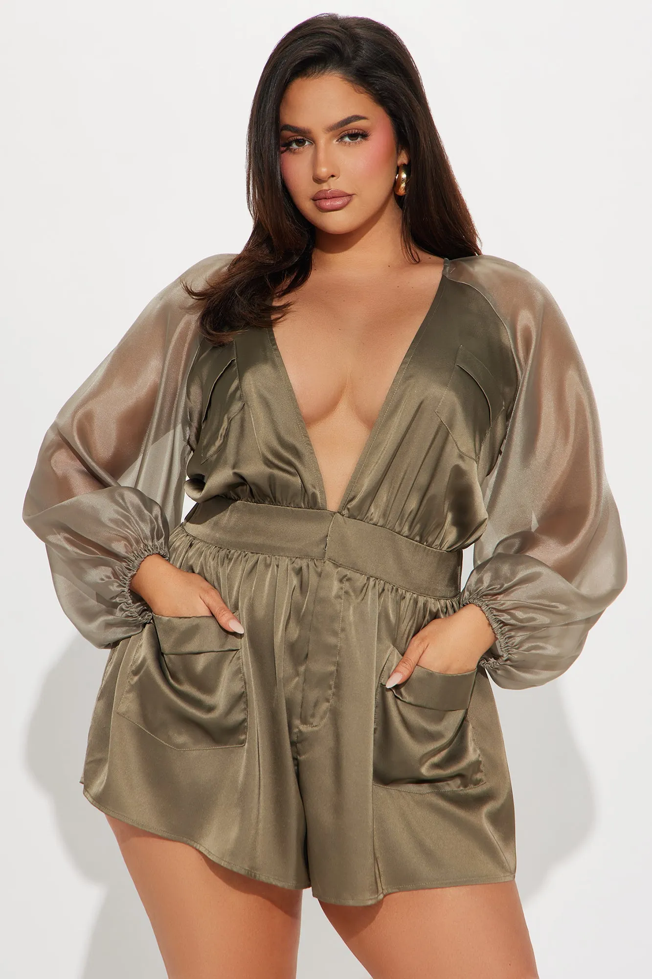 All About Me Satin Romper - Olive