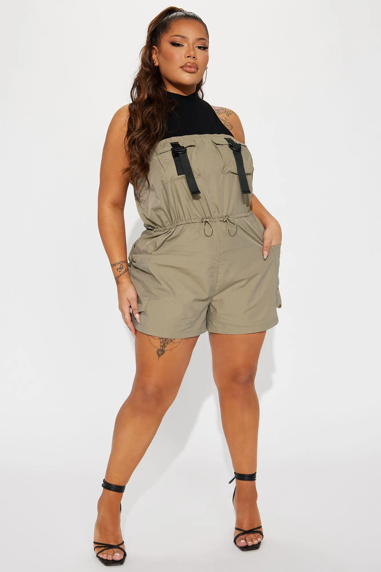 All On Me Utility Romper - Olive/combo