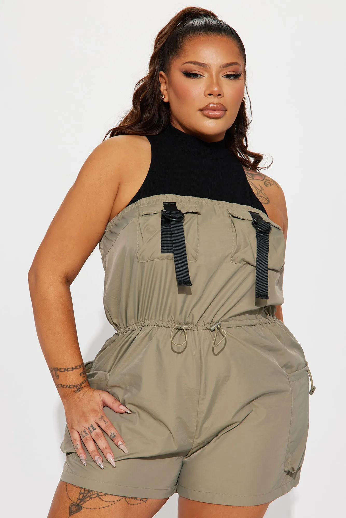All On Me Utility Romper - Olive/combo