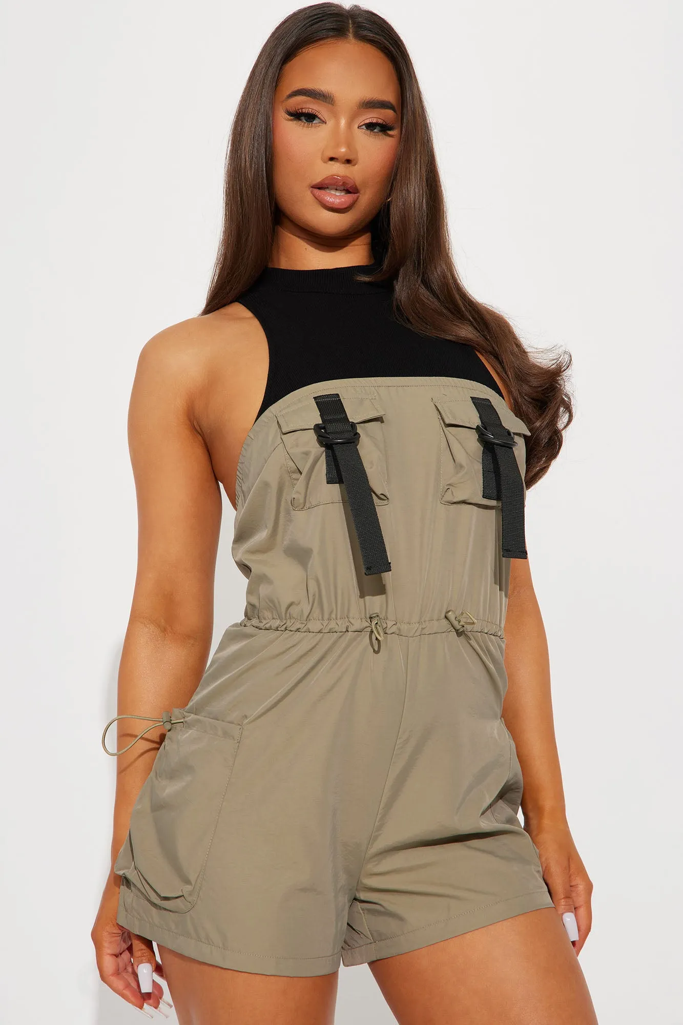 All On Me Utility Romper - Olive/combo