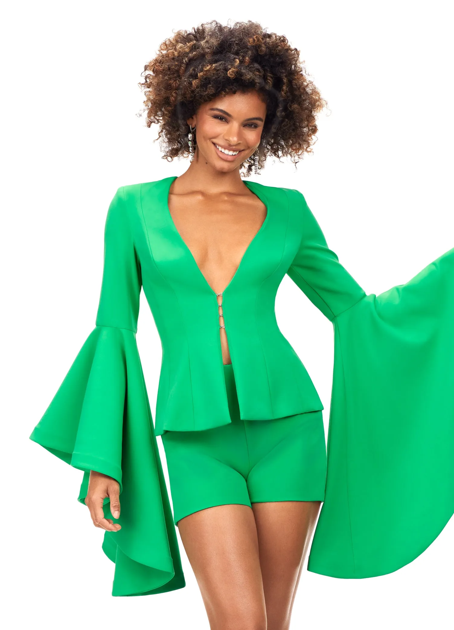 Ashley Lauren 4572 Two Piece Romper with V-Neckline and Bell Sleeves