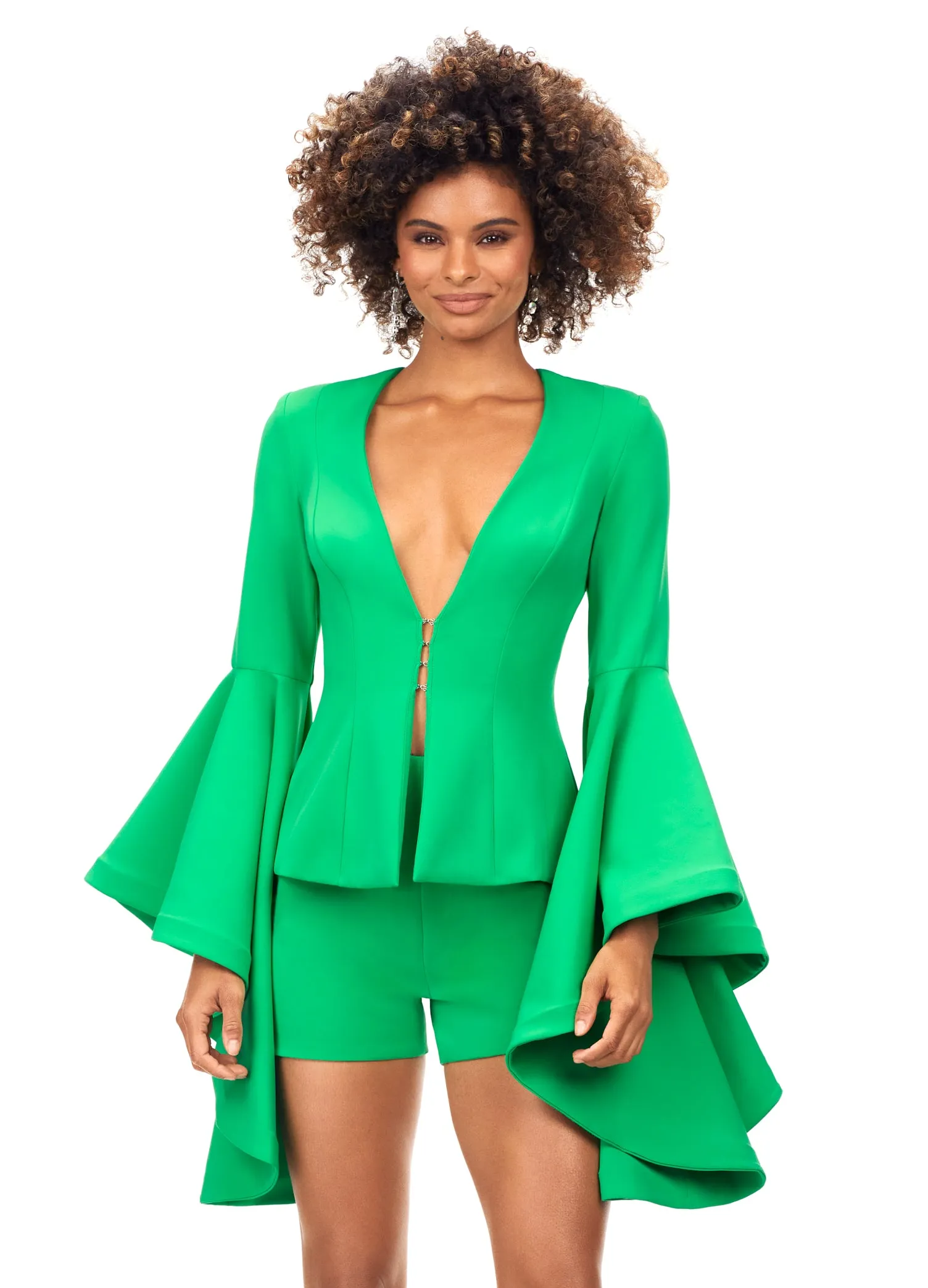 Ashley Lauren 4572 Two Piece Romper with V-Neckline and Bell Sleeves