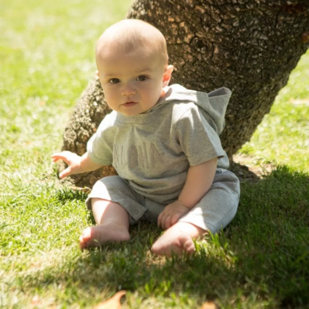 Baby Short Sleeve Gray Terry Romper With Hooded