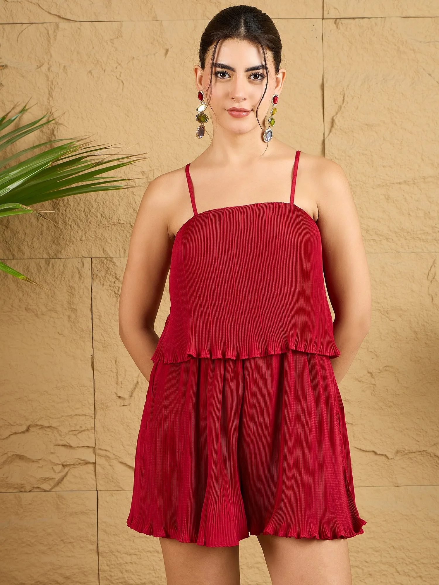 Berrylush Women Solid Red Square Neck Sleeveless Pleated Detail Ruffled Mini Romper