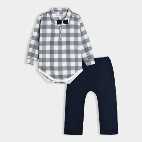 Bloom Woven Blue Check Shirt Style Romper and Trouser