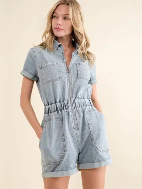 Blue B Short Sleeve Acid Washed Zip Front Denim Romper - Brands We Love