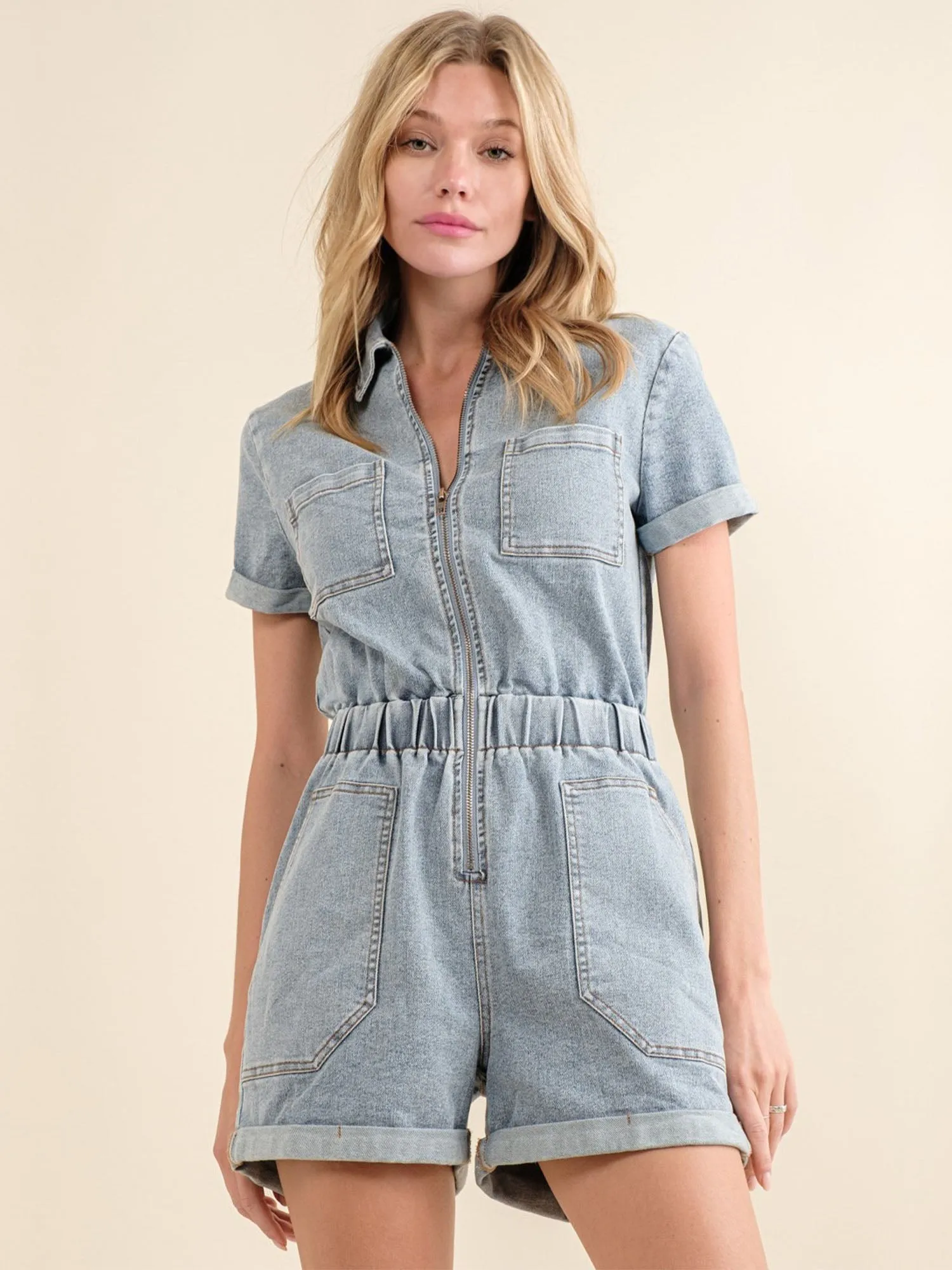 Blue B Short Sleeve Acid Washed Zip Front Denim Romper - Brands We Love