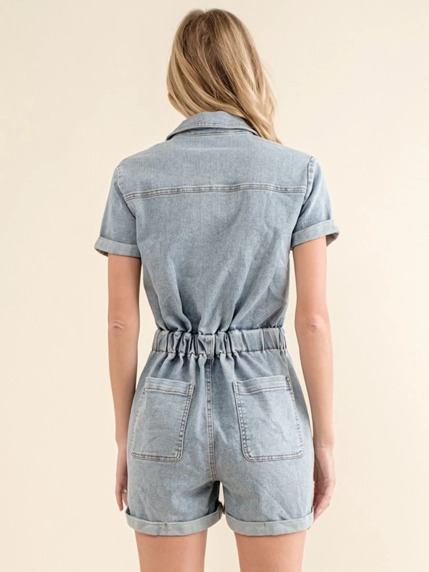 Blue B Short Sleeve Acid Washed Zip Front Denim Romper - Brands We Love