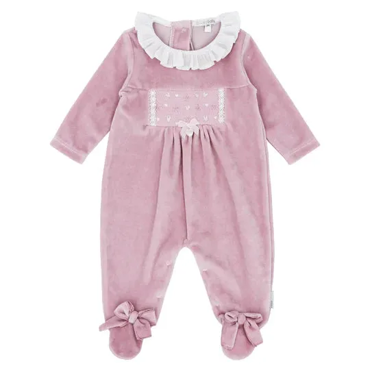 blues baby - Rose pink velour all in one, heart details on front