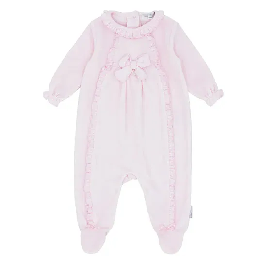 blues baby - Soft pink velour all in one, ruffle trim down front