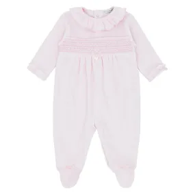blues baby - Soft pink velour all in one, smock detail with heart embroidery