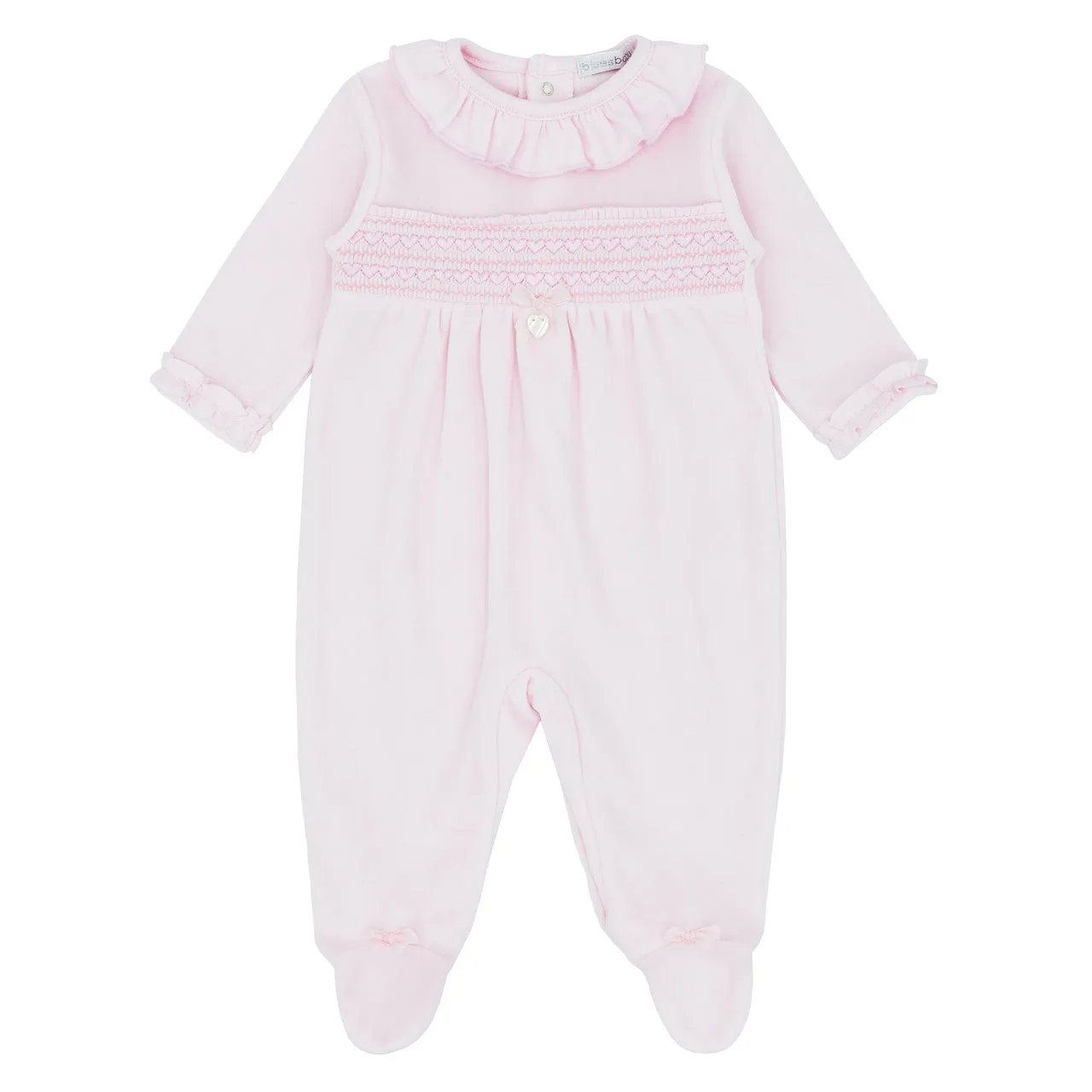 blues baby - Soft pink velour all in one, smock detail with heart embroidery