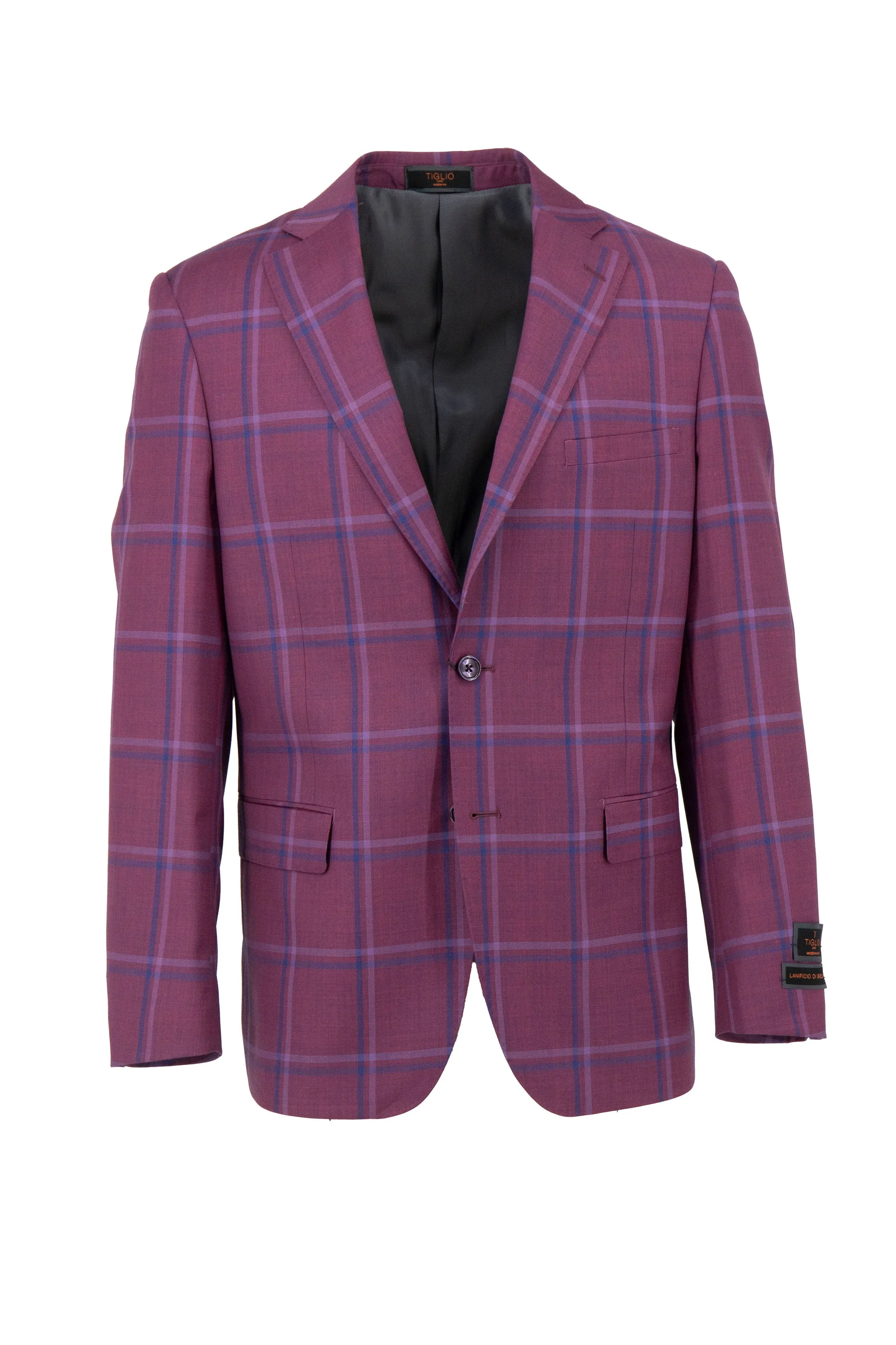 Boysenberry with Blue Windowpane Dolcetto Modern Fit, Pure Wool Jacket by Tiglio Luxe