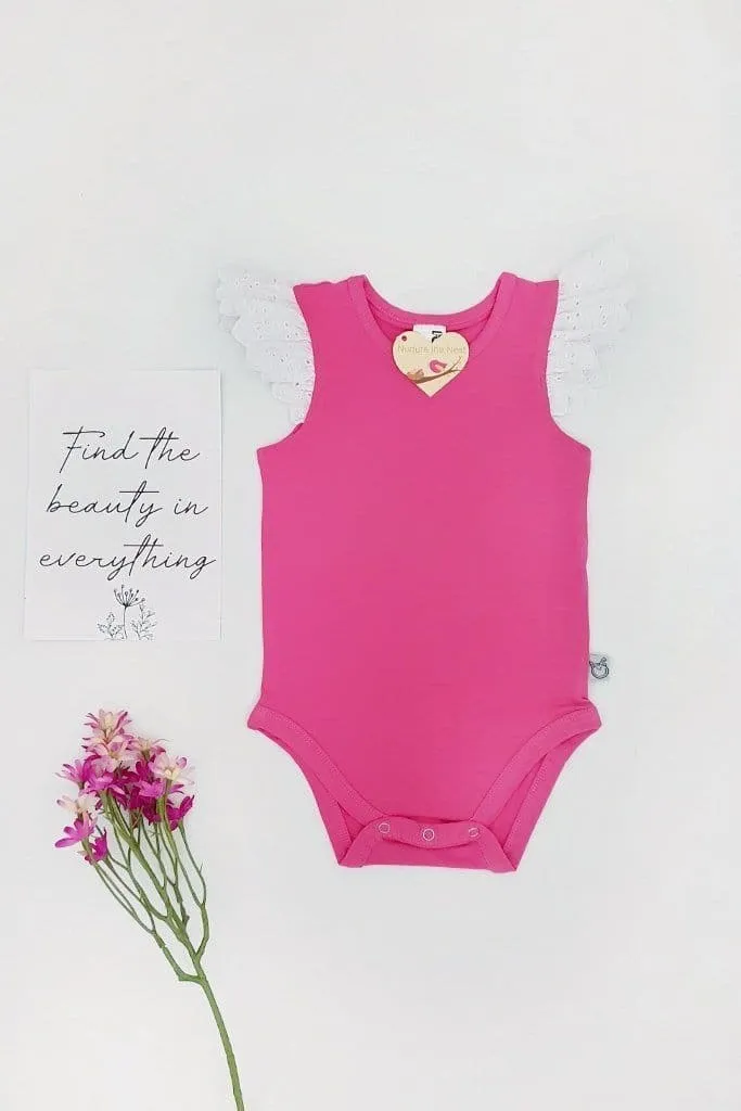 Broderie Anglaise Flutter Romper - Raspberry - 0000 to 2yrs