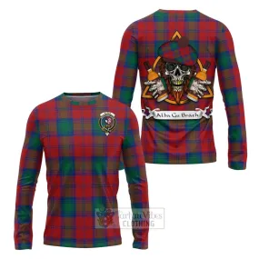 Byres (Byses) Tartan Long Sleeve T-Shirt with Family Crest and Bearded Skull Holding Bottles of Whiskey