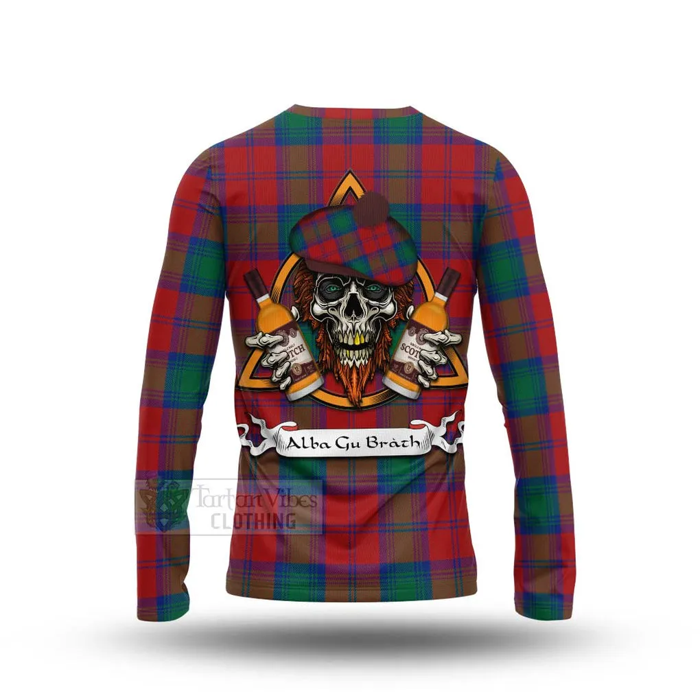 Byres (Byses) Tartan Long Sleeve T-Shirt with Family Crest and Bearded Skull Holding Bottles of Whiskey
