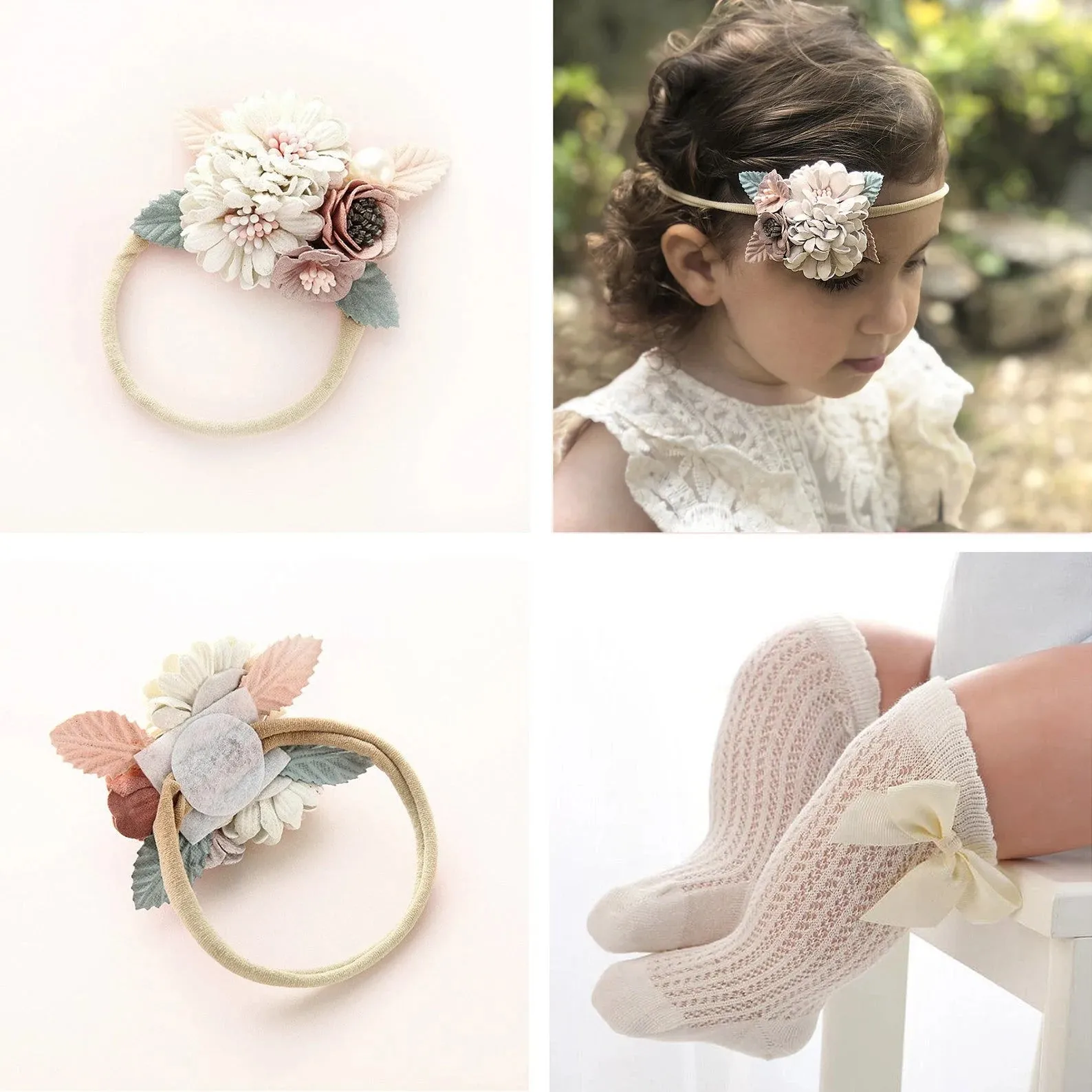 Cake Smash Outfit Girl - Boho Baby Romper, Lace Stockings and Floral Headband