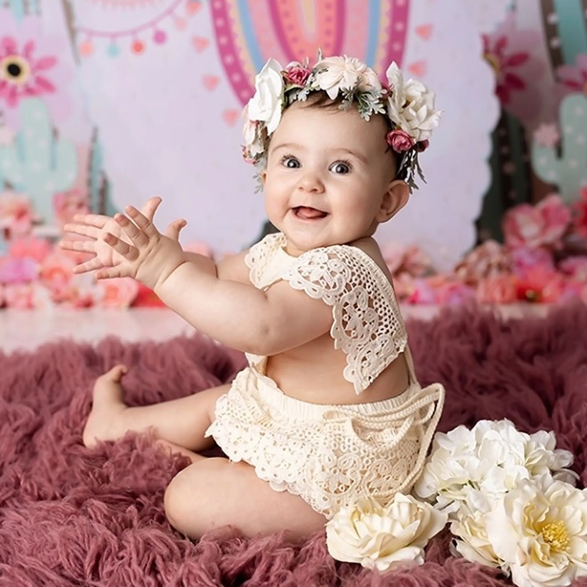 Cake Smash Outfit Girl - Boho Baby Romper, Lace Stockings and Floral Headband