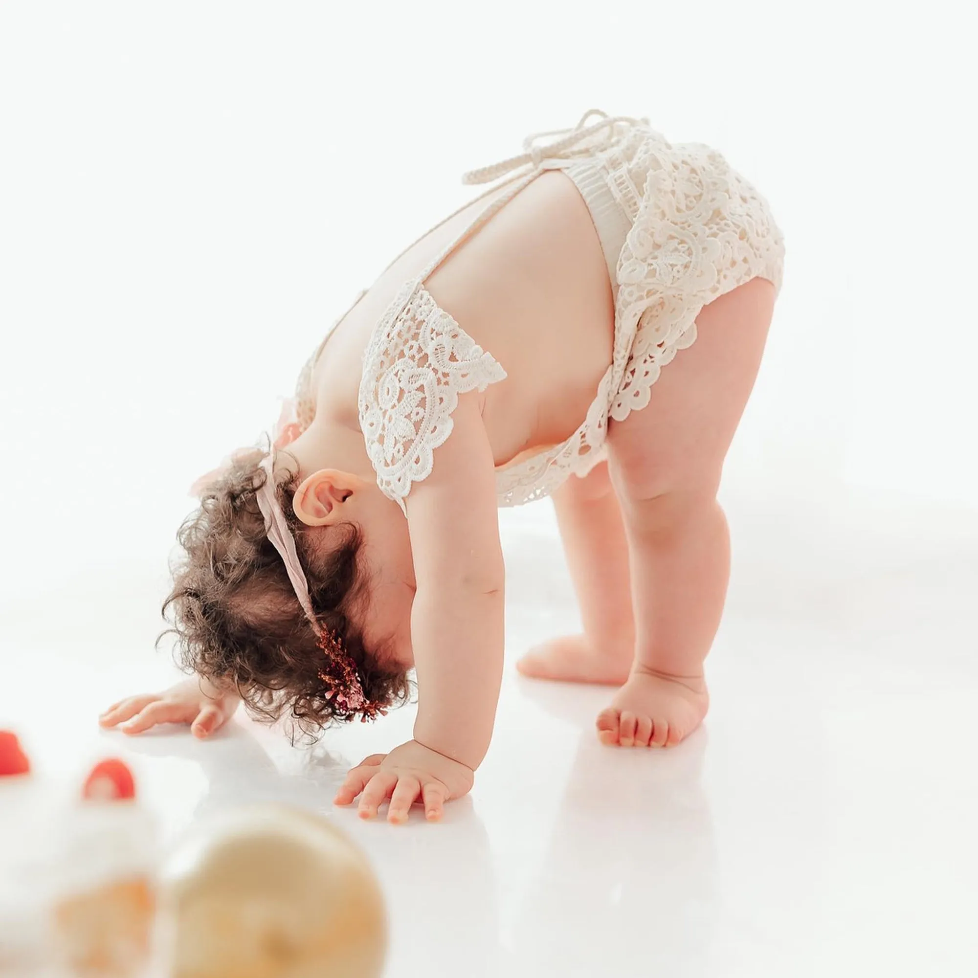 Cake Smash Outfit Girl - Boho Baby Romper, Lace Stockings and Floral Headband