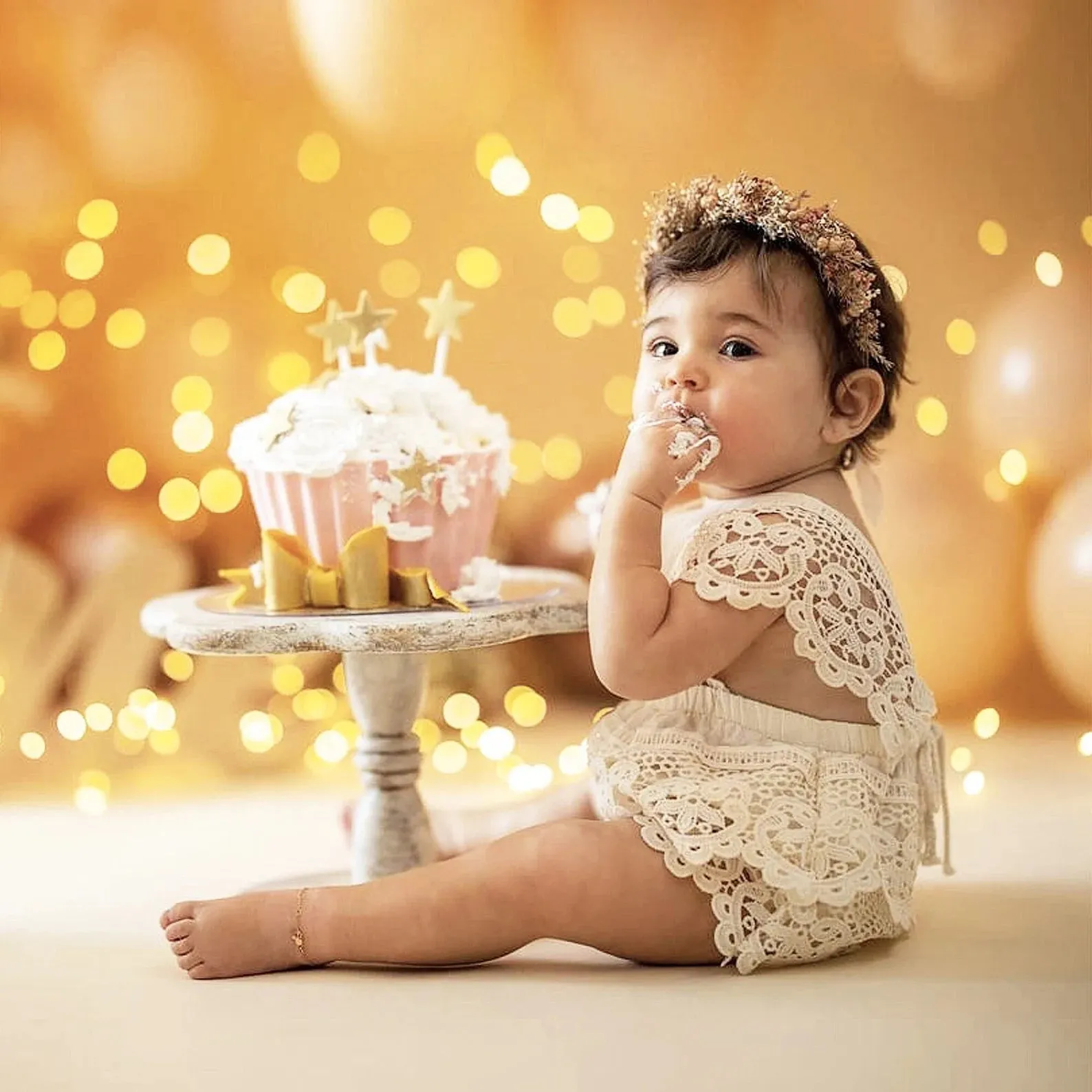 Cake Smash Outfit Girl - Boho Baby Romper, Lace Stockings and Floral Headband