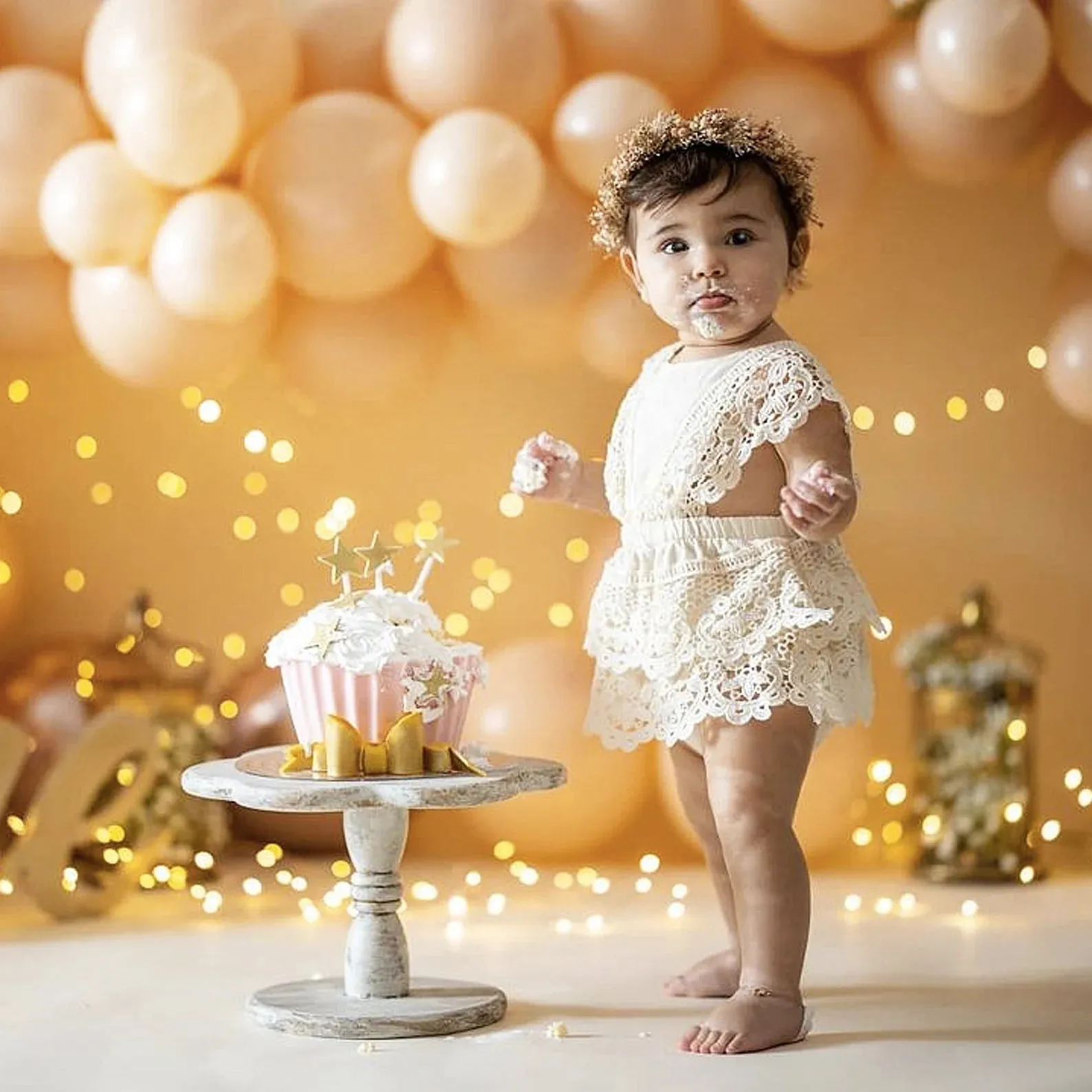 Cake Smash Outfit Girl - Boho Baby Romper, Lace Stockings and Floral Headband
