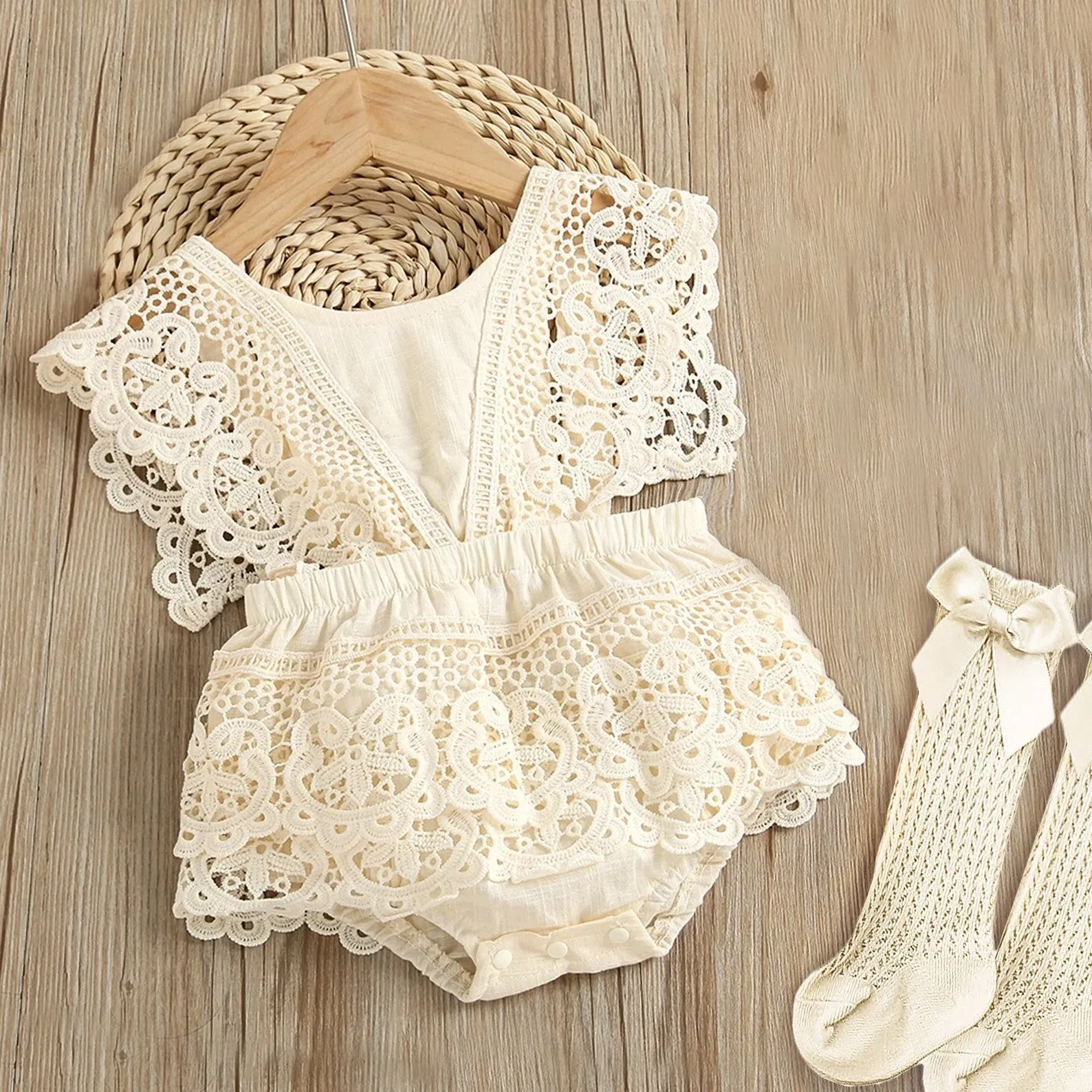Cake Smash Outfit Girl - Boho Baby Romper, Lace Stockings and Floral Headband
