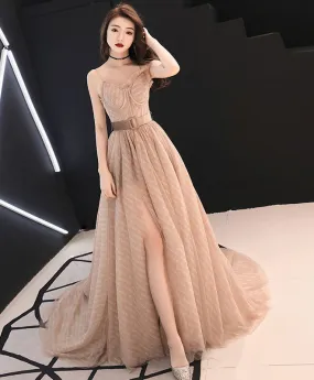 Champagne A-Line Tulle Long Prom Dress Champagne Evening Dress