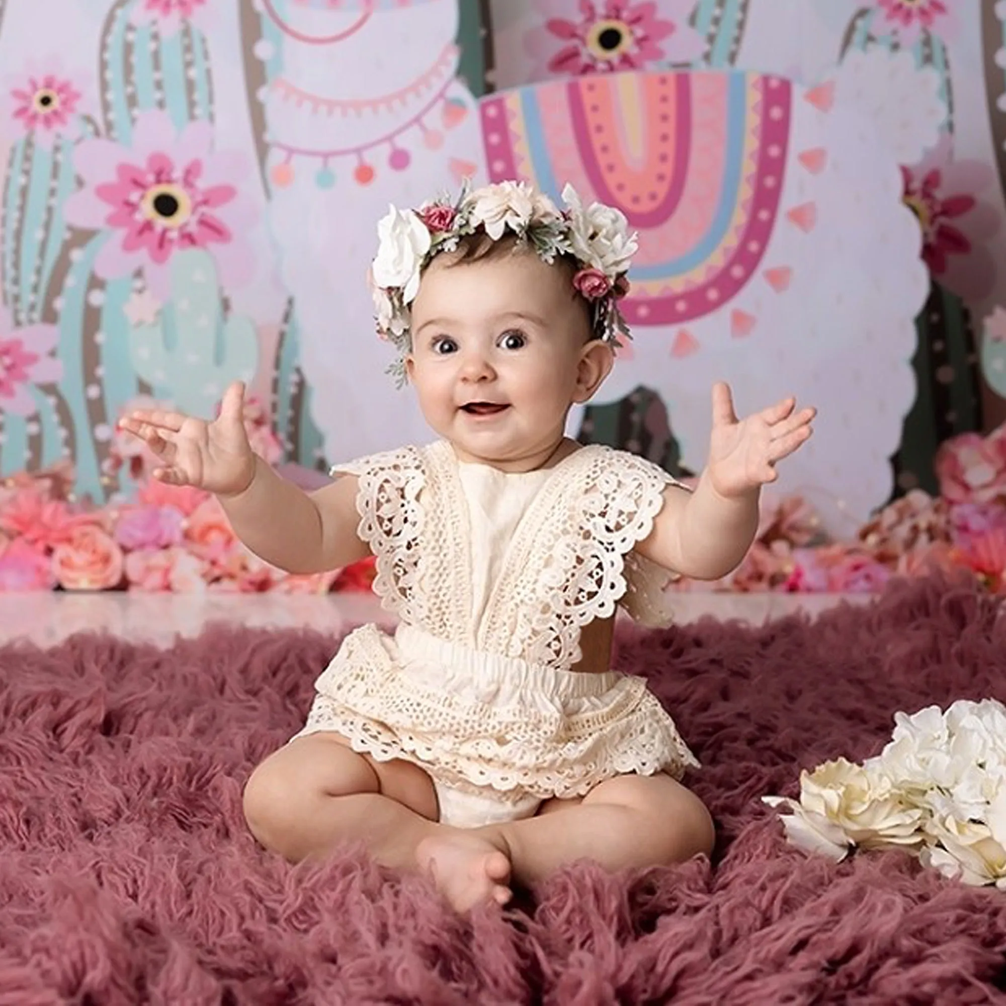 Crochet Lace Boho Baby Romper for First Birthday Photo, Smash Cake Outfit Girl