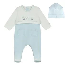 Emile et Rose - pale blue and white romper and hat, Ezra
