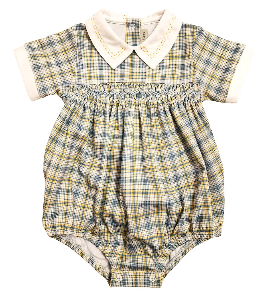 Fall Flowers - Hand smocked baby boy checkered romper
