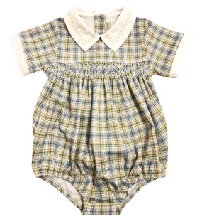 Fall Flowers - Hand smocked baby boy checkered romper