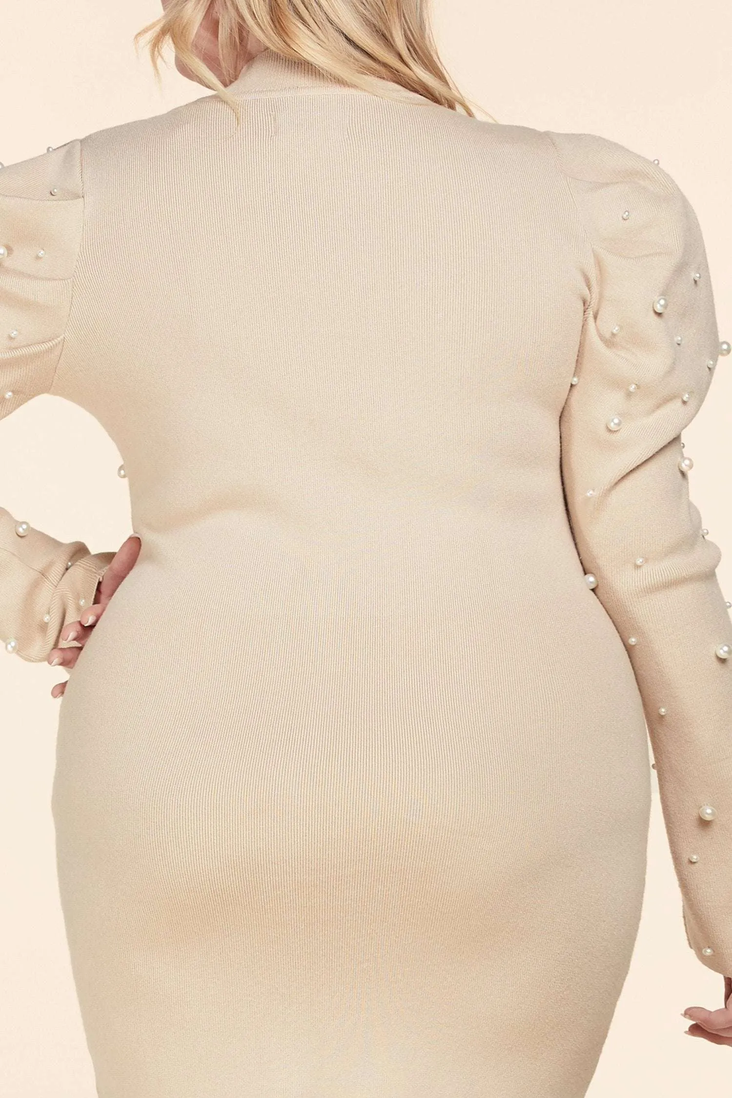 Fasheabe Plus Size Long Sleeve Mock Neck Pearl MIni Sweater Dress