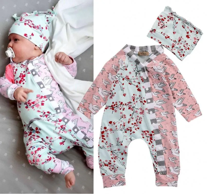 Floral Baby Girl Long Sleeve Bodysuit Romper Jumpsuit Hat 2pcs Outfit Sunsuit