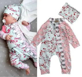Floral Baby Girl Long Sleeve Bodysuit Romper Jumpsuit Hat 2pcs Outfit Sunsuit