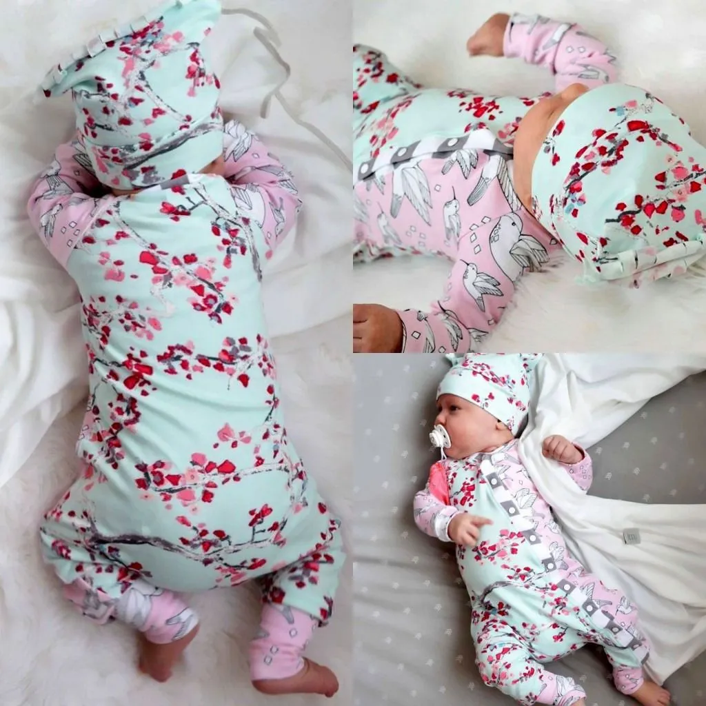 Floral Baby Girl Long Sleeve Bodysuit Romper Jumpsuit Hat 2pcs Outfit Sunsuit