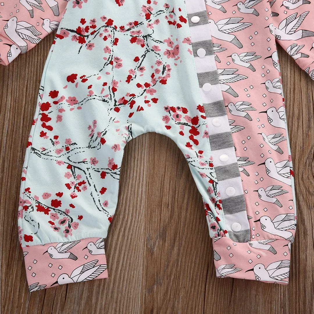 Floral Baby Girl Long Sleeve Bodysuit Romper Jumpsuit Hat 2pcs Outfit Sunsuit