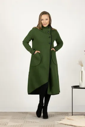 Forest Green Boiled Wool Coat with Pockets