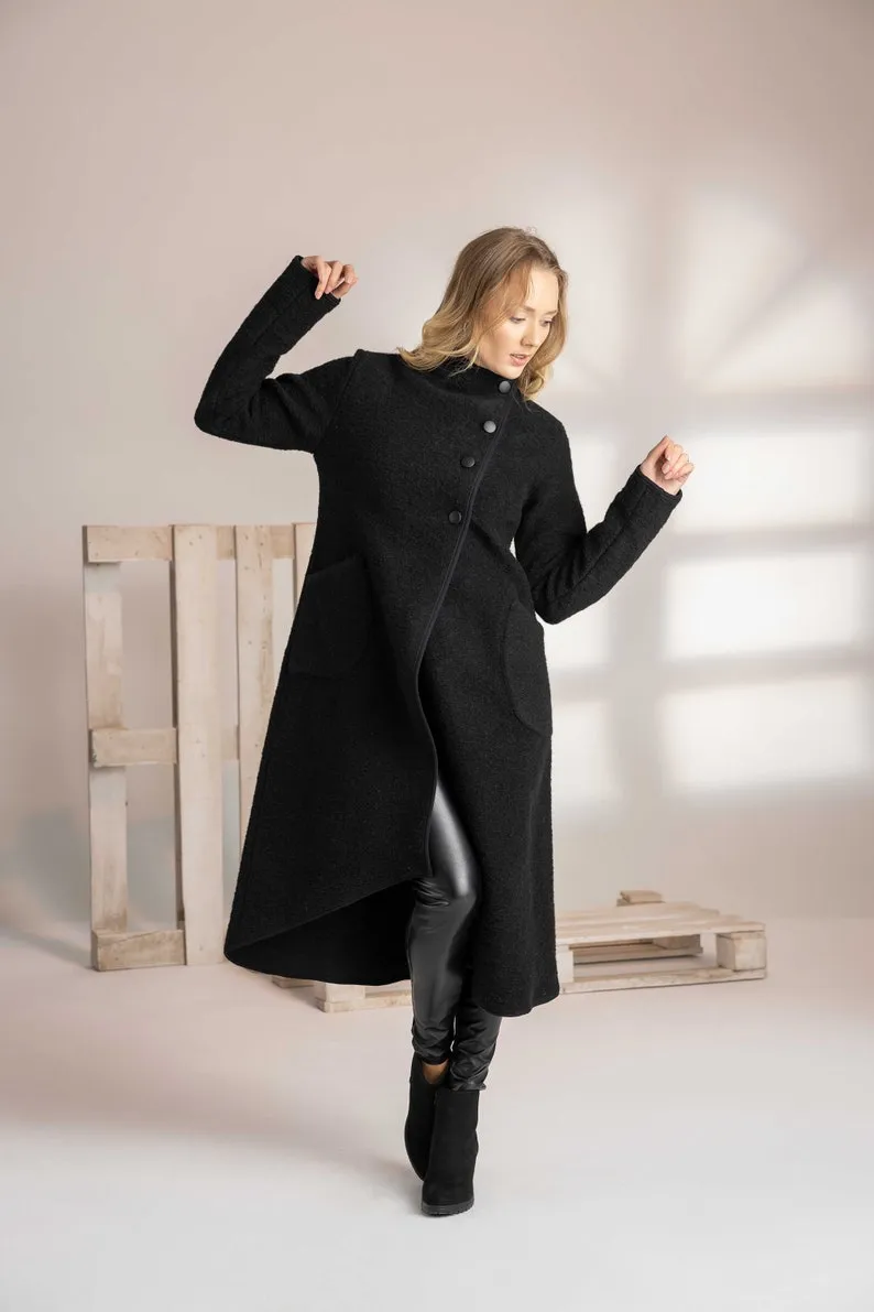 Forest Green Boiled Wool Coat with Pockets