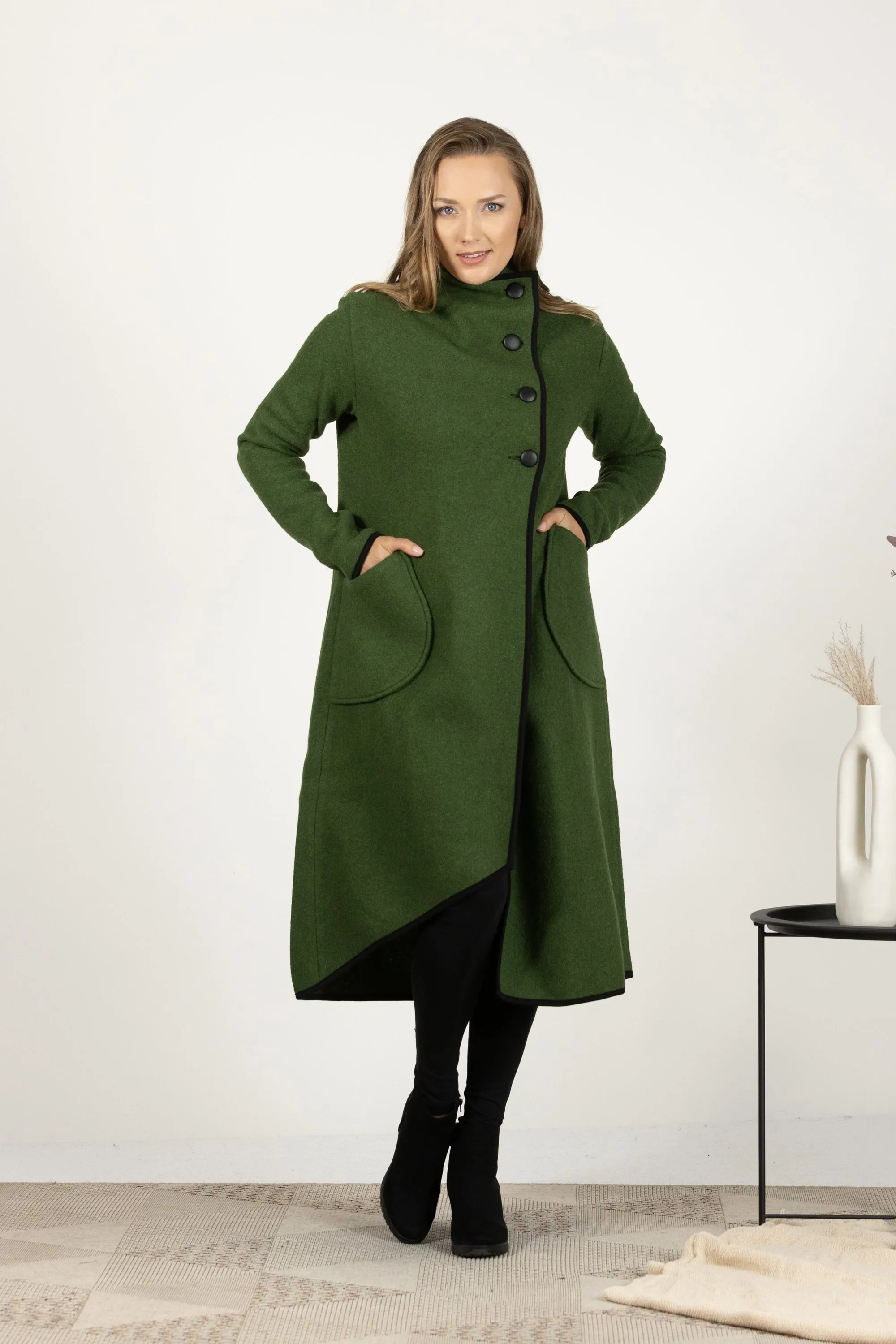 Forest Green Boiled Wool Coat with Pockets
