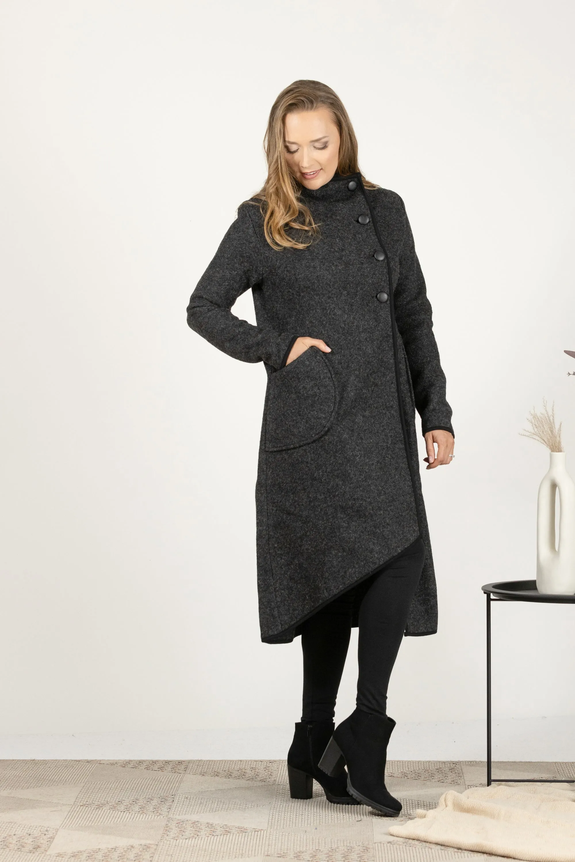 Forest Green Boiled Wool Coat with Pockets