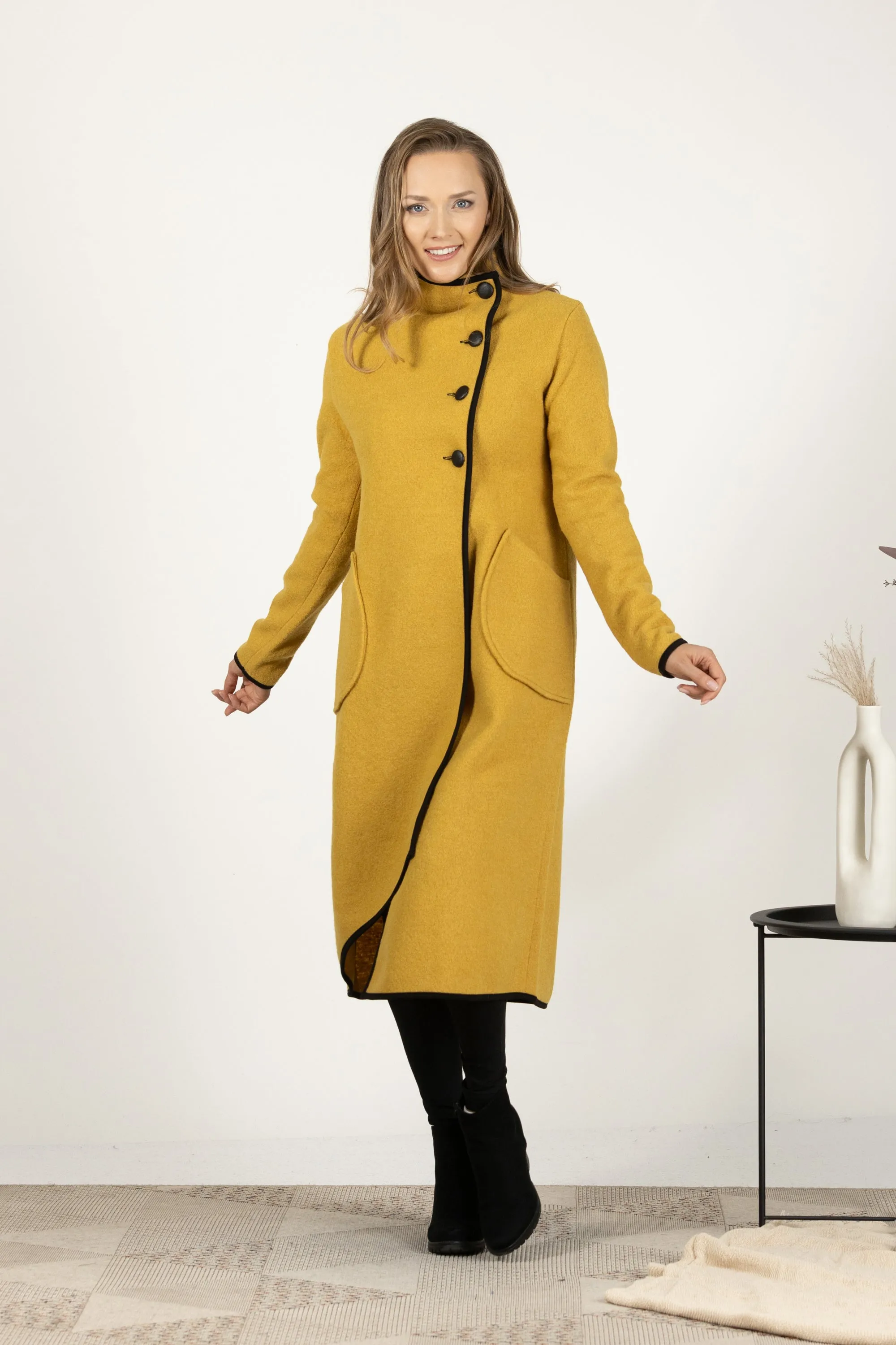 Forest Green Boiled Wool Coat with Pockets