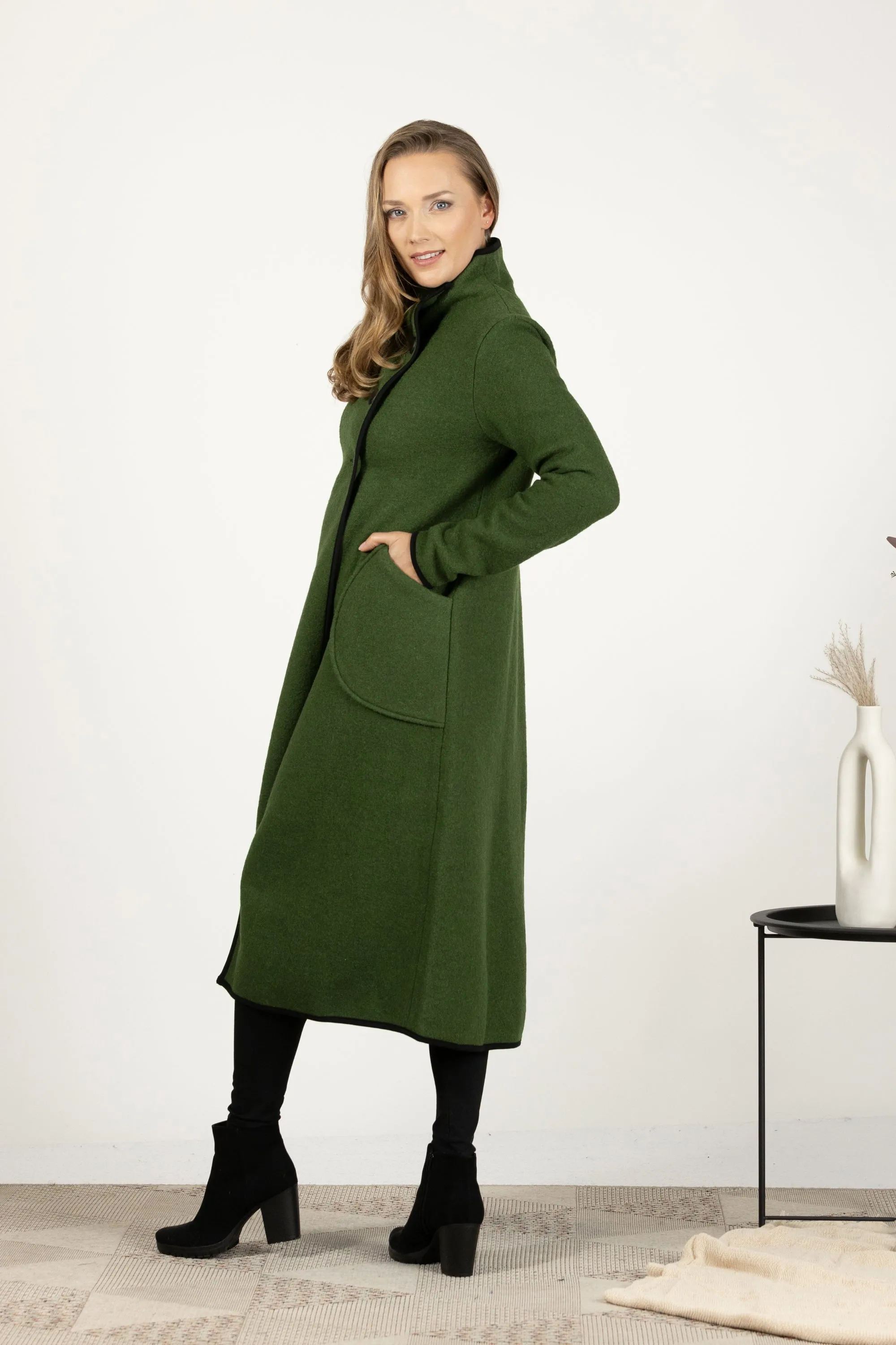 Forest Green Boiled Wool Coat with Pockets