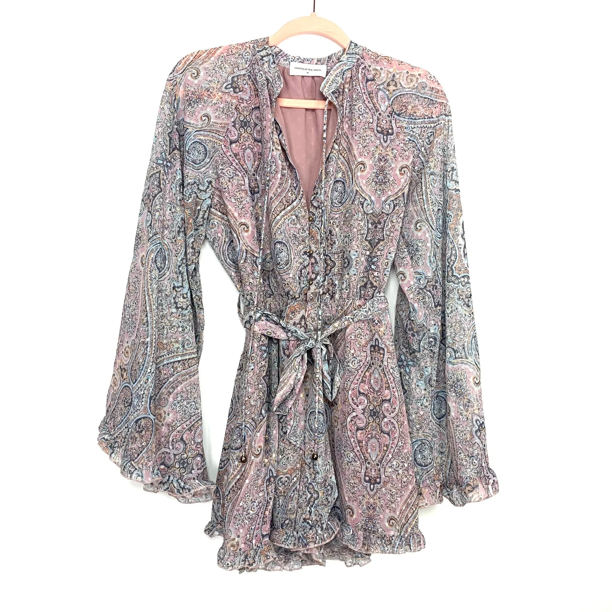 Goodnight Macaroon Paisley Print Front Zipper & Button Flare Sleeve Romper- Size M