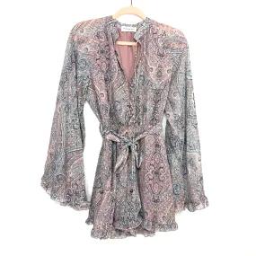 Goodnight Macaroon Paisley Print Front Zipper & Button Flare Sleeve Romper- Size M