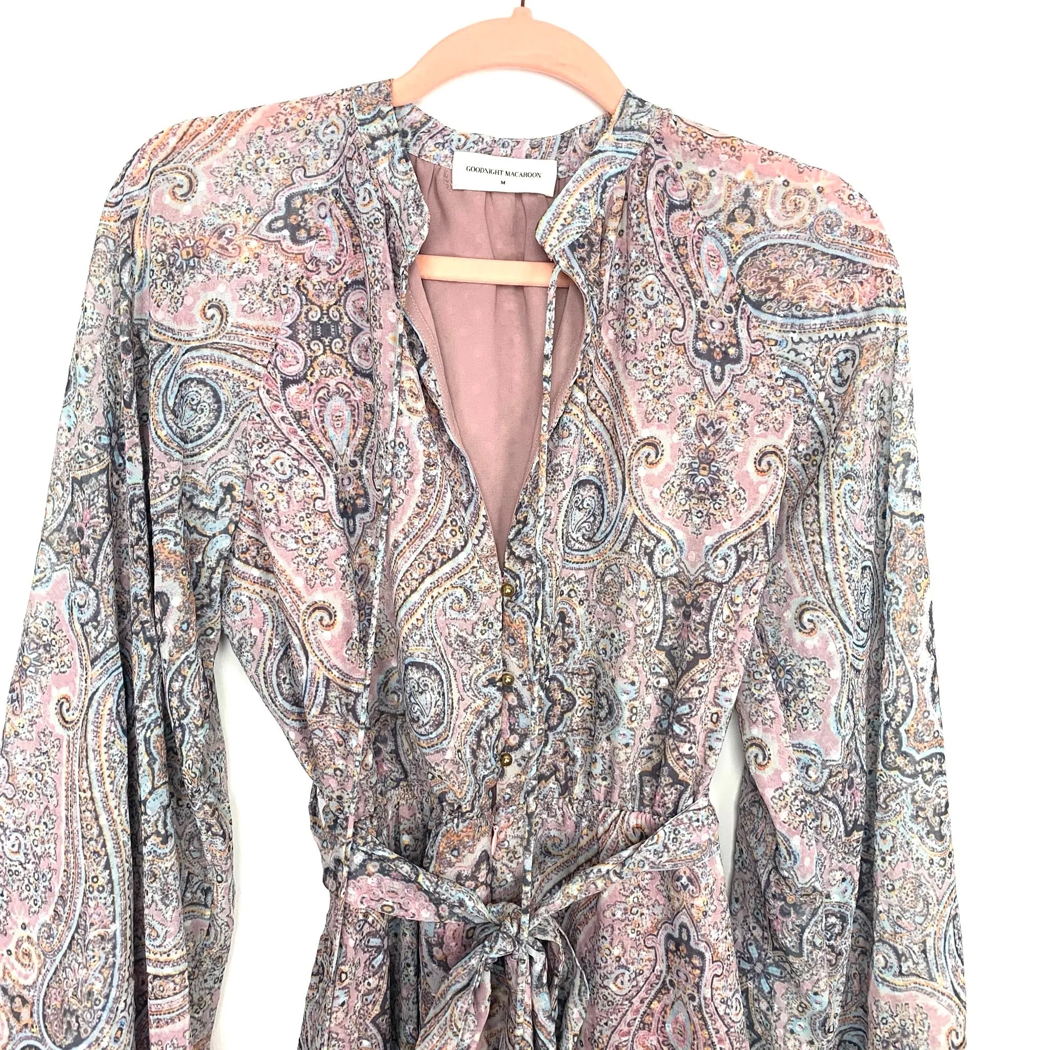 Goodnight Macaroon Paisley Print Front Zipper & Button Flare Sleeve Romper- Size M