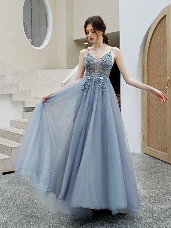 Gray blue v neck tulle beads long prom dress, gray tulle formal dress