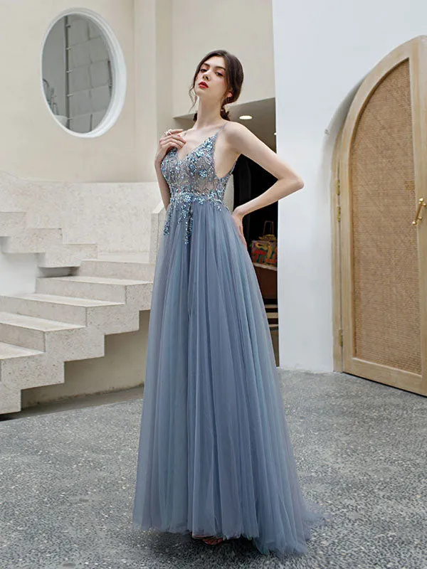 Gray blue v neck tulle beads long prom dress, gray tulle formal dress